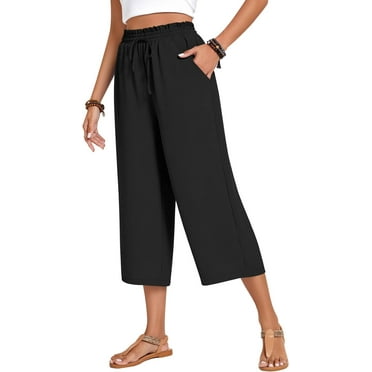 Womens Capri Yoga Wide Leg Pant Sweatpants Palazzo Lounge Workout Cropped Work Loose High Waisted Drawstring Pajama with Pockets Leggings Summer Black
