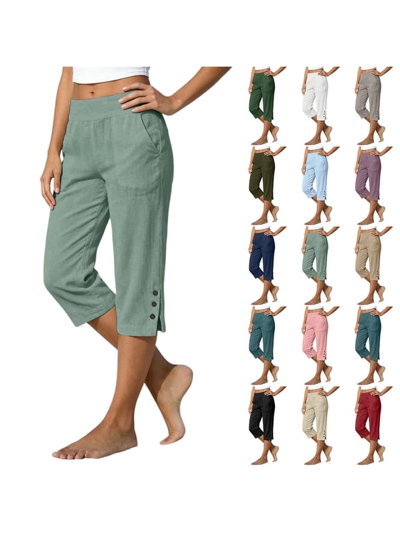Womens Capri Pants Petite Tailored Split Button Elastic Waist Capris Elastic Waist Split Button Summer Cropped Pants with Pockets