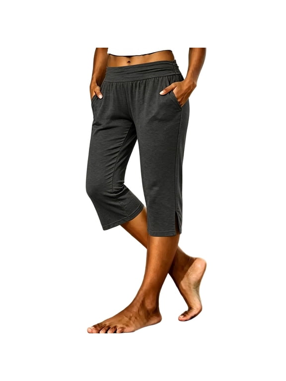 Womens Capri Pants Petite Tailored Split Elastic Waist Capris Light Weight Summer Casual Cropped Pant