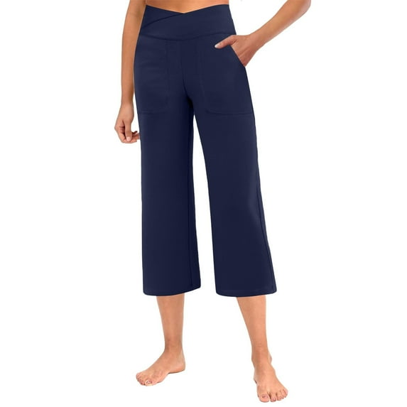 Womens Capri Pants Petite Tummy Control Breathable 7/8 Length Pants Wide Leg Cross Waisted Soft Trendy Gaucho Pants with Pockets Navy L