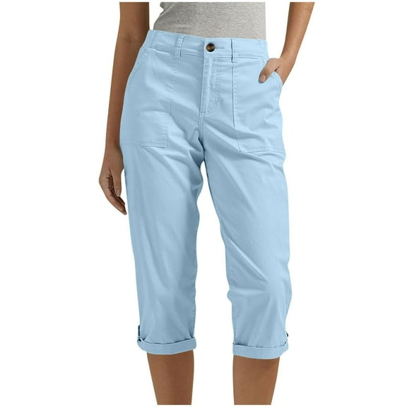Womens Capri Pants with Pockets, Casual Summer Work Pants, Elastic Waist Cargo Capris for Women, Stretch Cropped Pants Lightweight Capris for Seniors Travel Gym, S-XXL