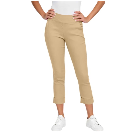Womens Capri Pants,Pull On Capri Pants for Women with Pockets Solid Color Elastic Waist Cropped Work Pants