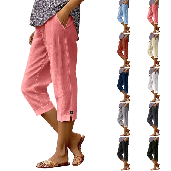 Womens Capri Pants Pull on Cotton Linen Capris Summer Straight Leg Petite Loose Beach Bermuda Shorts with Pockets Pink S