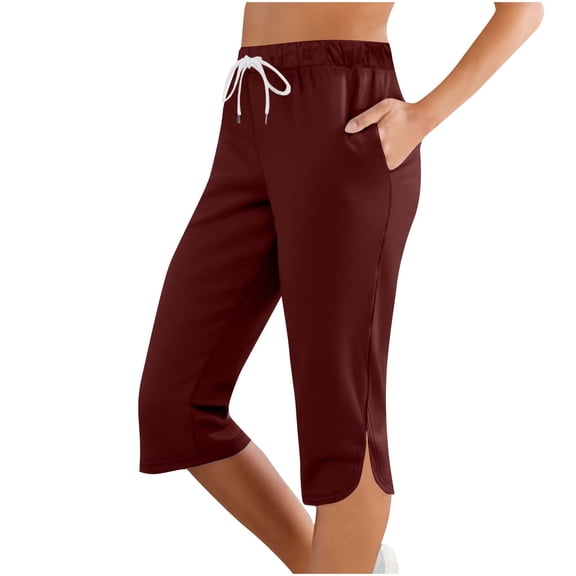 Womens Capri Pants Soft Elastic Waisted Drawstring Yoga Workout Capri Leggings Side Split Knee Length Pants