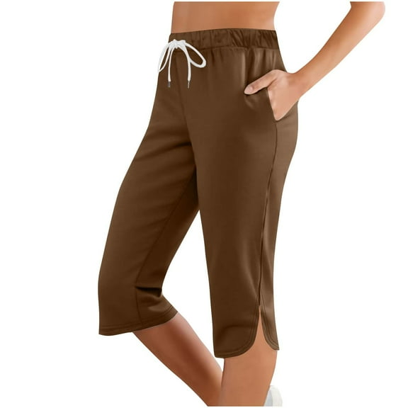 Womens Capri Pants Soft Elastic Waisted Drawstring Yoga Workout Capri Leggings Side Split Knee Length Pants