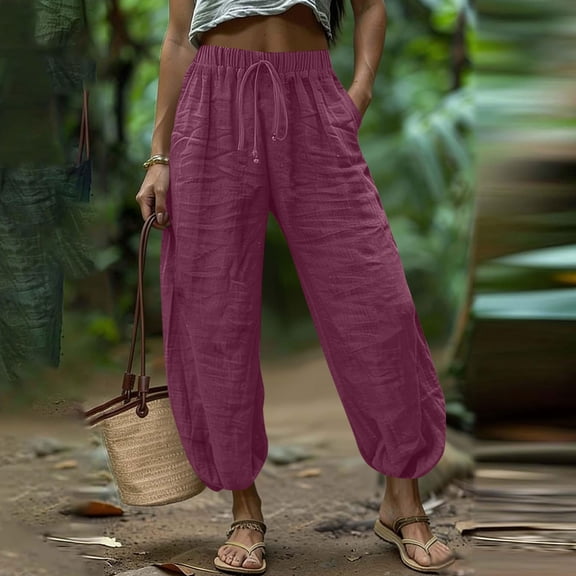 Womens Capri Pants Solid Color Drawstring Faux Linen Pockets Casual Pants Cropped Curved Blade Pants For A Unique Silhouette In Warm Weather Womens Summer Pants