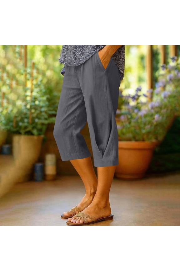 Womens Capri Pants Solid Color High Waist Drawstring Cropped Trouser Loose Fit Long Shorts with Pockets, Size S-2XL