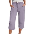 thumbnail image 1 of Womens Capri Pants Solid Color Straight-Leg Pants Cropped Pants Tether Waist Adjustable Elastic High Waist Summer Casual Shorts Drawstring With Pockets Beach Vacation Shorts Capri Pants for Women, 1 of 5