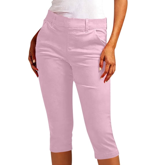 Womens Capri Pants Solid Color Stretch Pull-On Cropped Pants With Pockets High Waisted Flat Front Spring Summer Trousers