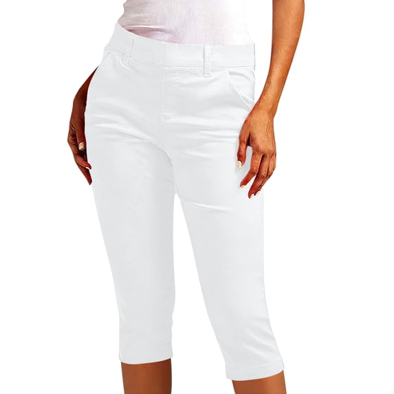 Womens Capri Pants Solid Color Stretch Pull-On Cropped Pants With Pockets High Waisted Flat Front Spring Summer Trousers
