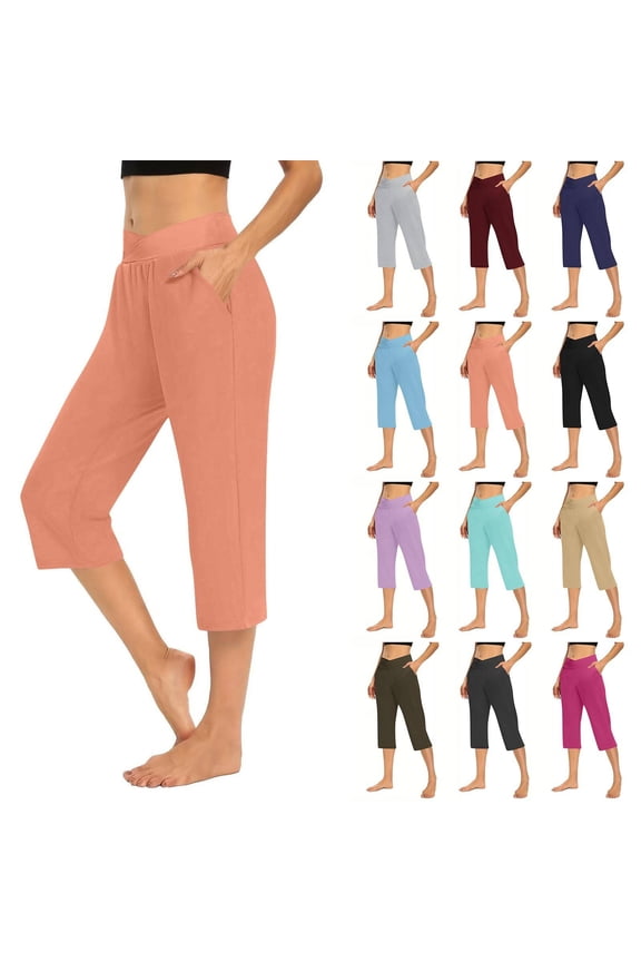 Womens Capri Pants Summer Business Casual Pull On Womens Capris with Pockets Watermelon Red S