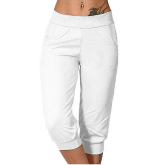 Womens Capri Pants Summer Casual Cropped Sweat Pants High Waisted Running Gym Joggers Short Pants Pockets