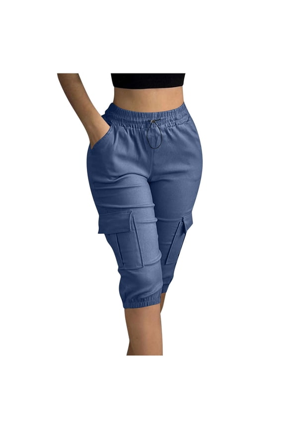 Womens Capri Pants Summer Elastic Waist Knee Length Cargo with Pockets Casual Solid Yoga Jogger Sweatpants