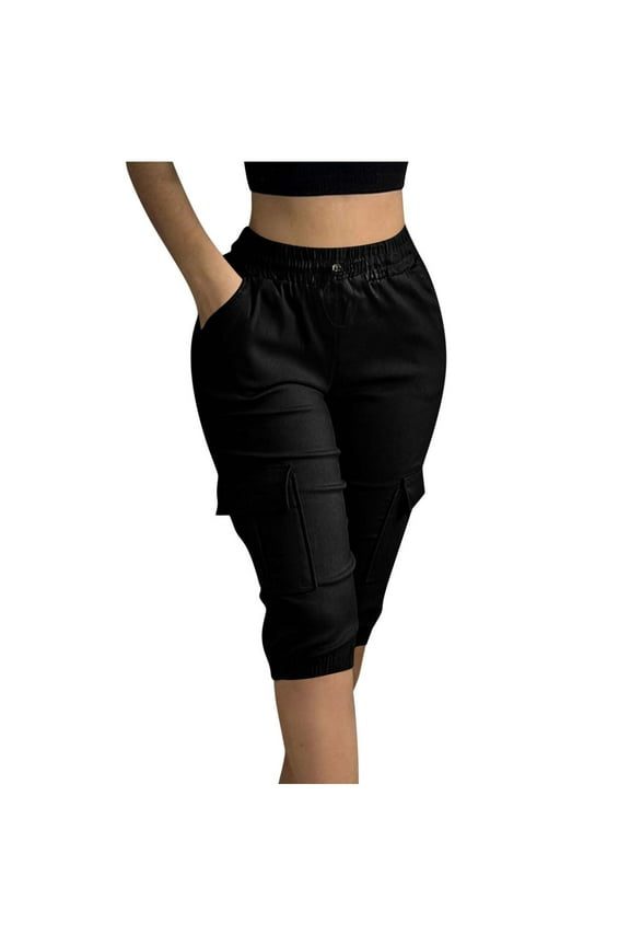 Womens Capri Pants Summer Elastic Waist Knee Length Cargo with Pockets Casual Solid Yoga Jogger Sweatpants