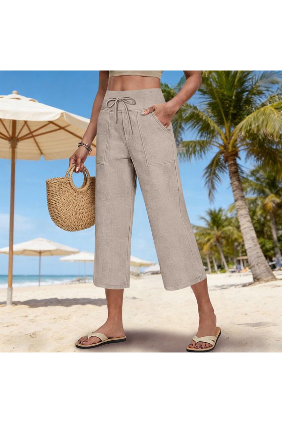 Womens Capri Pants Summer Wide Leg High Waisted Pants Drawstring Casual Trousers with Pockets Beige S