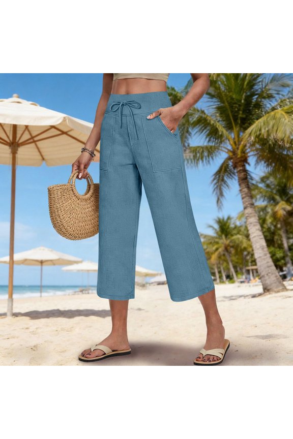 Womens Capri Pants Summer Wide Leg High Waisted Pants Drawstring Casual Trousers with Pockets Blue S