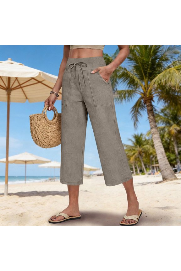 Womens Capri Pants Summer Wide Leg High Waisted Pants Drawstring Casual Trousers with Pockets Khaki S