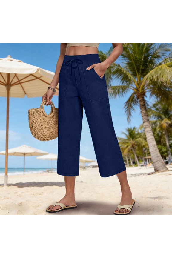 Womens Capri Pants Summer Wide Leg High Waisted Pants Drawstring Casual Trousers with Pockets Navy S