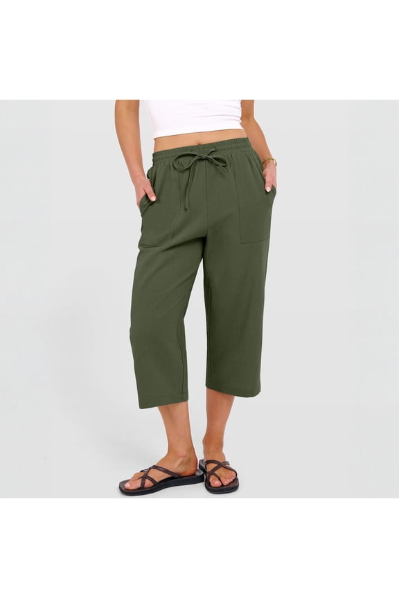 Womens Capri Pants Summer Wide Leg Pants Casual Trousers with Pockets Army Green M