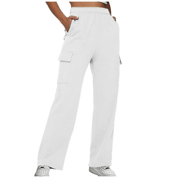 Womens Capri Pants Women's Fashion Solid Strappy Trousers Pocket Pant Elastic Waist Straight Pants High Waist Sweatpants Women for Women Business Casual Casual Work plus Fancy Clothes for Teen White M
