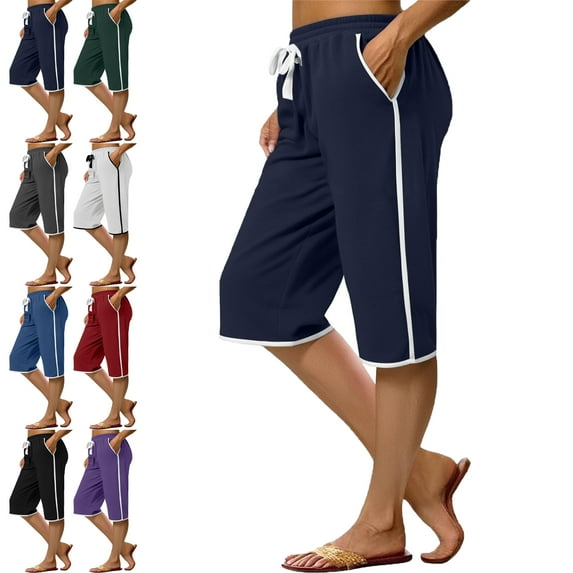 Womens Capri Pants Womens Shorts Navy 4(S) Trousers Solid Color Ladies Stretch Belt Pants Pockets Shorts Pants Fashion Women Pants Capri Pants for Women