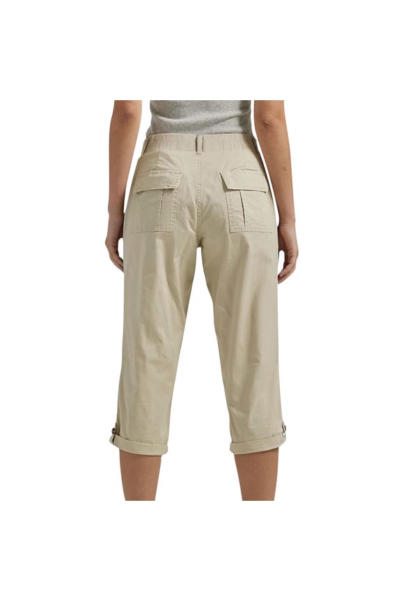 Womens Capri Pants with Pockets Button Cargo Cropped Pant Casual Summer Straight Leg Knee Length Long Bermuda Capris Khaki