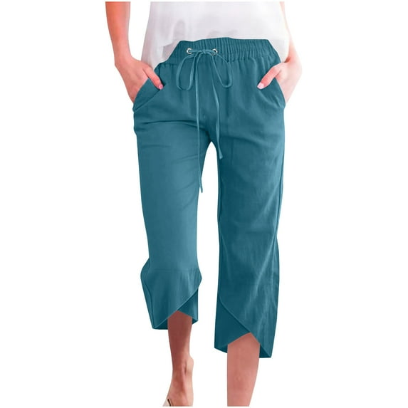 Womens Capri Pants with Pockets Casual Elastic Waist Drawstring Linen Capris Cross Bottom Wide Leg Trouser (M, Sky Blue)
