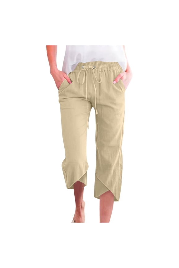 Womens Capri Pants with Pockets Casual Elastic Waist Drawstring Linen Capris Cross Bottom Wide Leg Trouser (XL, Khaki)