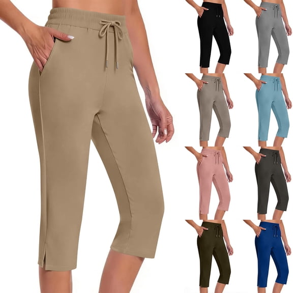 Womens Capri Pants with Pockets Drawstring Elastic Waist Sweatpant Side Slit Slim-Straight Leg Capri Leggings (XL, Khaki)