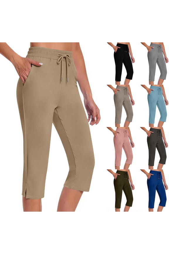 Womens Capri Pants with Pockets Drawstring Elastic Waist Sweatpant Side Slit Slim-Straight Leg Capri Leggings (XL, Khaki)