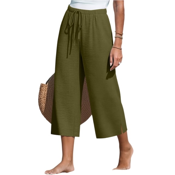 Womens Capri Side Slit Palazzo Pants Dressy Casual Wide Leg Pant Summed Cropped Trousers with Pockets Army Green L