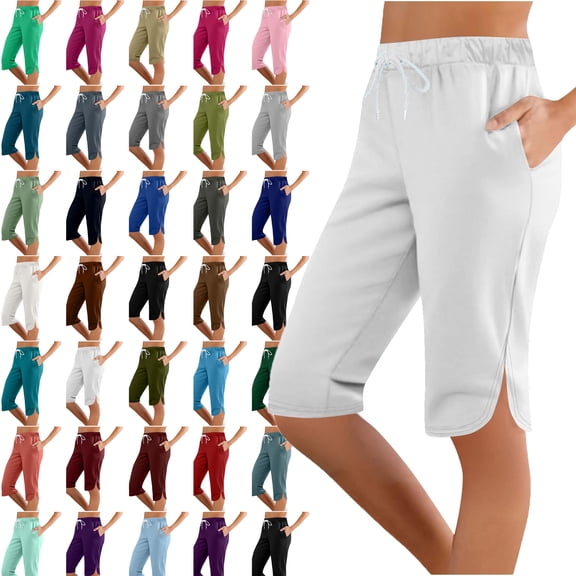 Womens Capri Solid Color Printing Elastic Waist Sports Casual Capris Pants With Side Pockets Lightweight Hiking Pants Outdoor Athletic Plus Size Capri for Women
