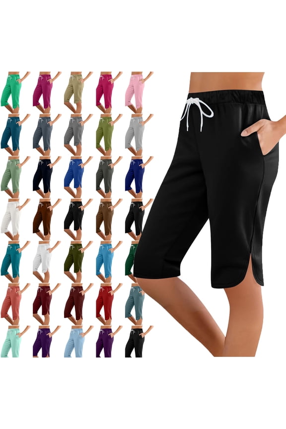 Womens Capri Solid Color Printing Elastic Waist Sports Casual Capris Pants With Side Pockets Lightweight Hiking Pants Outdoor Athletic Plus Size Capri for Women