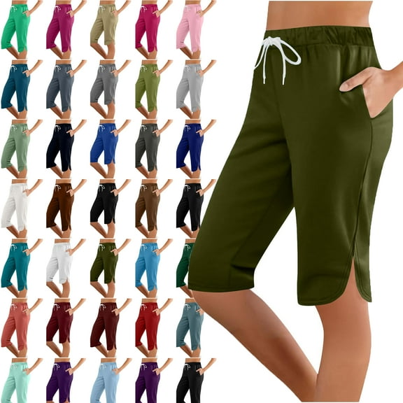 Womens Capri Solid Color Printing Elastic Waist Sports Casual Capris Pants With Side Pockets Lightweight Hiking Pants Outdoor Athletic Plus Size Capri for Women