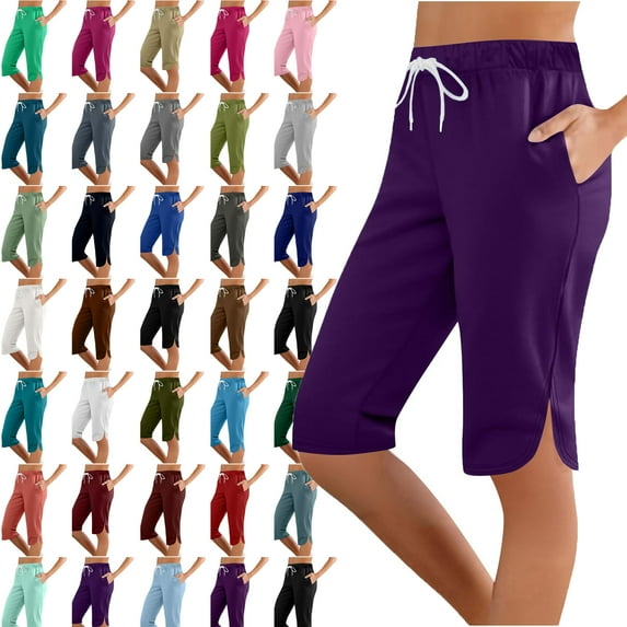 Womens Capri Solid Color Printing Elastic Waist Sports Casual Capris Pants With Side Pockets Lightweight Hiking Pants Outdoor Athletic Plus Size Capri for Women