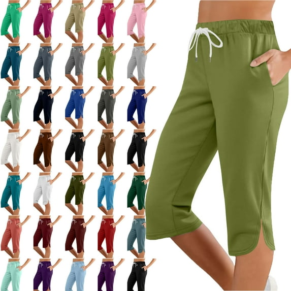 Womens Capri Solid Color Printing Elastic Waist Sports Casual Capris Pants With Side Pockets Lightweight Hiking Pants Outdoor Athletic Plus Size Capri for Women
