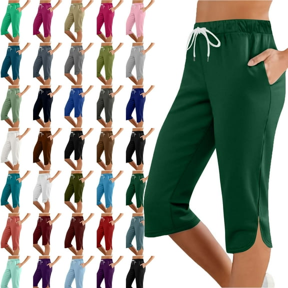 Womens Capri Solid Color Printing Elastic Waist Sports Casual Capris Pants With Side Pockets Lightweight Hiking Pants Outdoor Athletic Plus Size Capri for Women