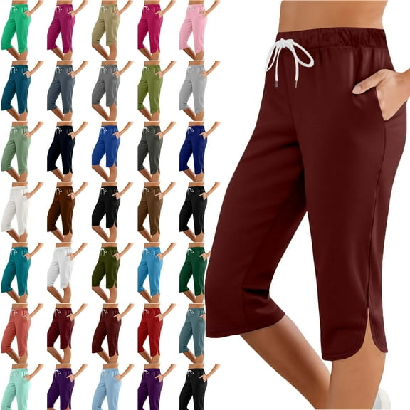 Womens Capri Solid Color Printing Elastic Waist Sports Casual Capris Pants With Side Pockets Lightweight Hiking Pants Outdoor Athletic Plus Size Capri for Women