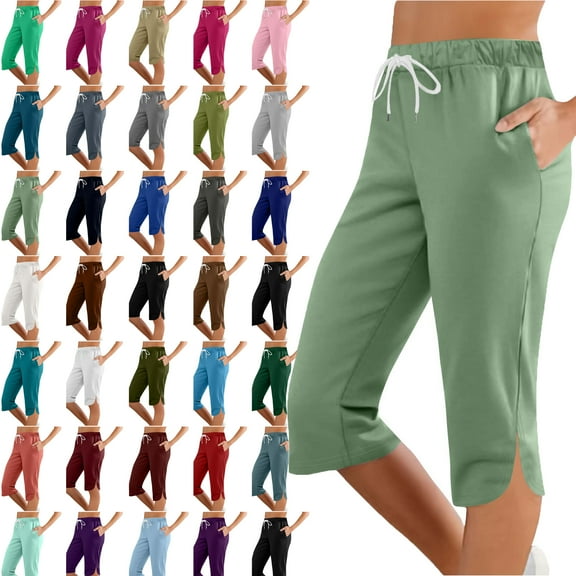 Womens Capri Solid Color Printing Elastic Waist Sports Casual Capris Pants With Side Pockets Lightweight Hiking Pants Outdoor Athletic Plus Size Capri for Women