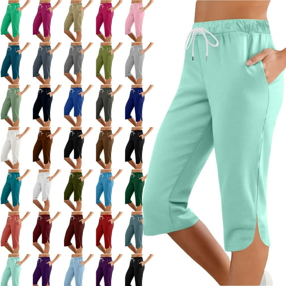 Womens Capri Solid Color Printing Elastic Waist Sports Casual Capris Pants With Side Pockets Lightweight Hiking Pants Outdoor Athletic Plus Size Capri for Women