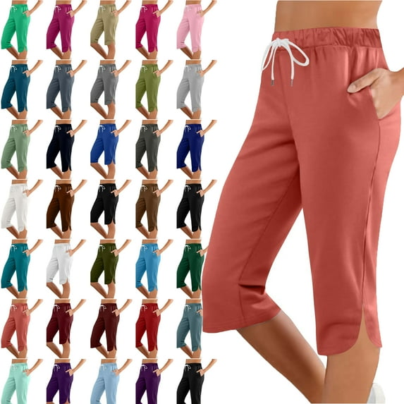 Womens Capri Solid Color Printing Elastic Waist Sports Casual Capris Pants With Side Pockets Lightweight Hiking Pants Outdoor Athletic Plus Size Capri for Women