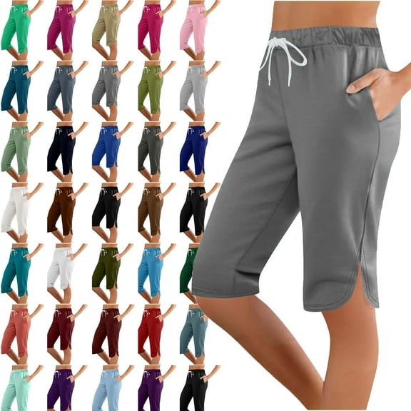 Womens Capri Solid Color Printing Elastic Waist Sports Casual Capris Pants With Side Pockets Lightweight Hiking Pants Outdoor Athletic Plus Size Capri for Women