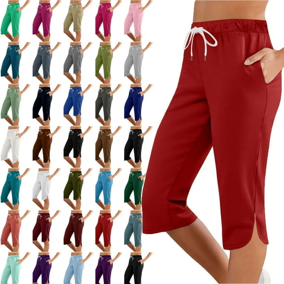 Womens Capri Solid Color Printing Elastic Waist Sports Casual Capris Pants With Side Pockets Lightweight Hiking Pants Outdoor Athletic Plus Size Capri for Women