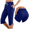 thumbnail image 1 of Womens Capri Sweatpants with Pockets Slit Hem Workout Running Jogging Sports Summer Drawstring Capris (2XL, Dark Blue), 1 of 7