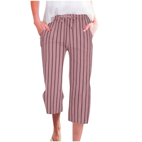 Womens Capri Trousers Casual Striped 3/4 Summer Pants Elasticated Waist Three Quarter Shorts with Pockets Ladies Loose Fit Pull On Cropped Trousers