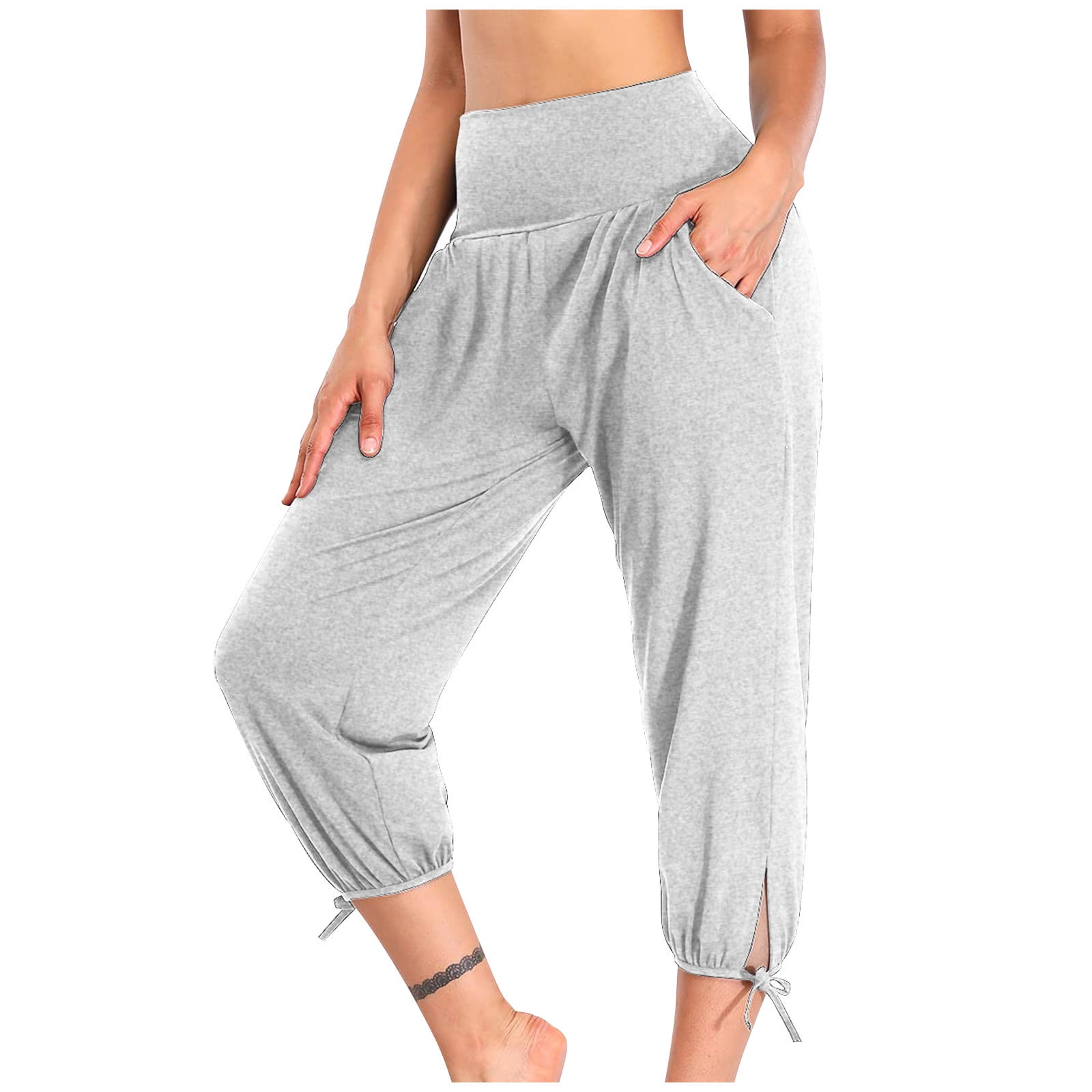 Womens Capri Yoga Pants Plus Size High Waisted Workout Capris for Women  Joggers Athletic 3/4 Lounge Trackpants (Large, Gray)