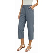 MLDRA Womens Capri Pants Linen Cropped Pants with Pockets Loose Fit Wide Leg Yoga Casual Elastic Waist Ladies Trousers Blue