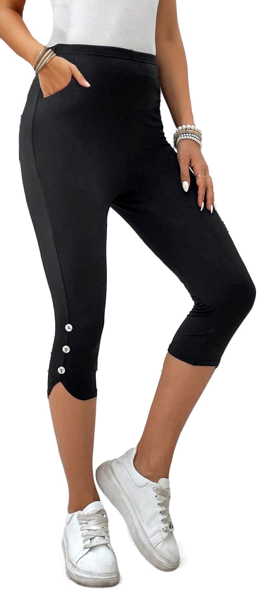 Women's Capri Leggings Yoga Pants with Pockets High Waisted Knee Length Stretch for Casual Soft Workout Exercise Ladies Lounge Pants Black