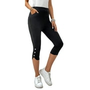 MLDRA Women's Capri Leggings Yoga Pants with Pockets High Waisted Knee Length Stretch for Casual Soft Workout Exercise Ladies Lounge Pants Black