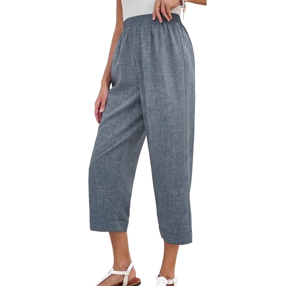 MLDRA Womens Capri Pants Linen Cropped Pants with Pockets Loose Fit Wide Leg Yoga Casual Elastic Waist Ladies Trousers Blue